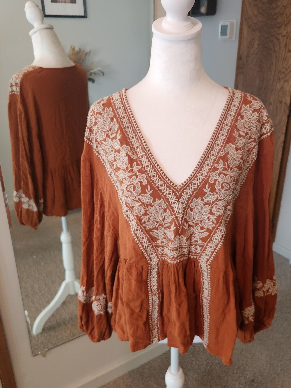 (2 For $30) American Eagle Outfitters Women's Rust Embroidered Top